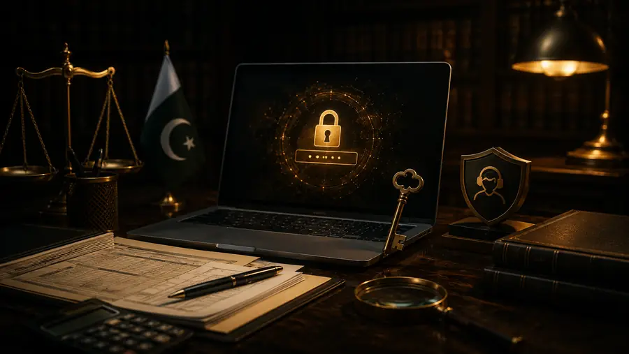 FBR IRIS account support workspace with laptop and tax files