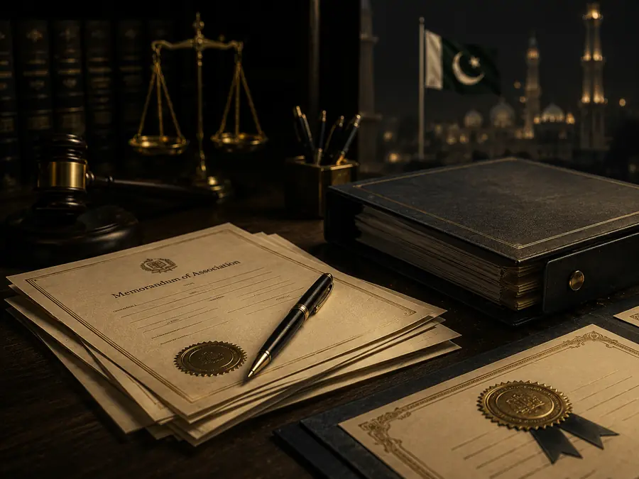 Company compliance and SECP filing documents on a desk